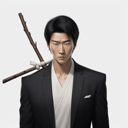 AI generated: A tall young man resembling like Jet Li and Jackie Chan mythology, leans in a sophisticated and char...