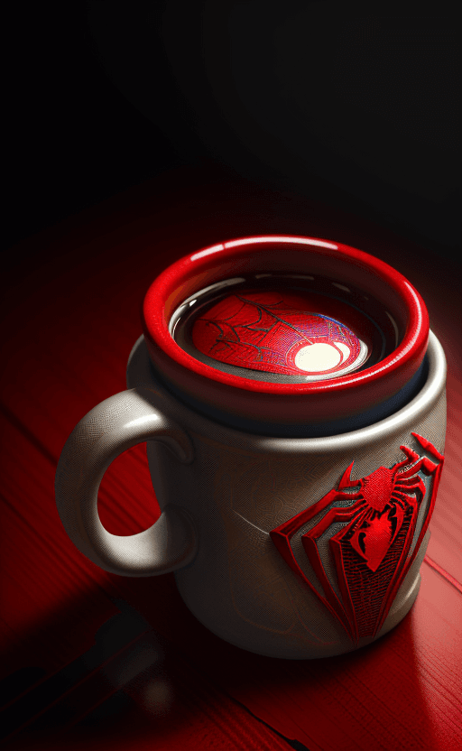 AI generated: Mug on the table with the design and character of spiderman The Mug is gold and red dark, no waterma...