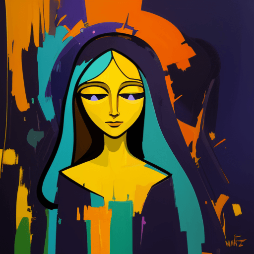 AI generated: virgin mary , abstract style characterful oil and brush  bright colors dark yellow and dark purple b...