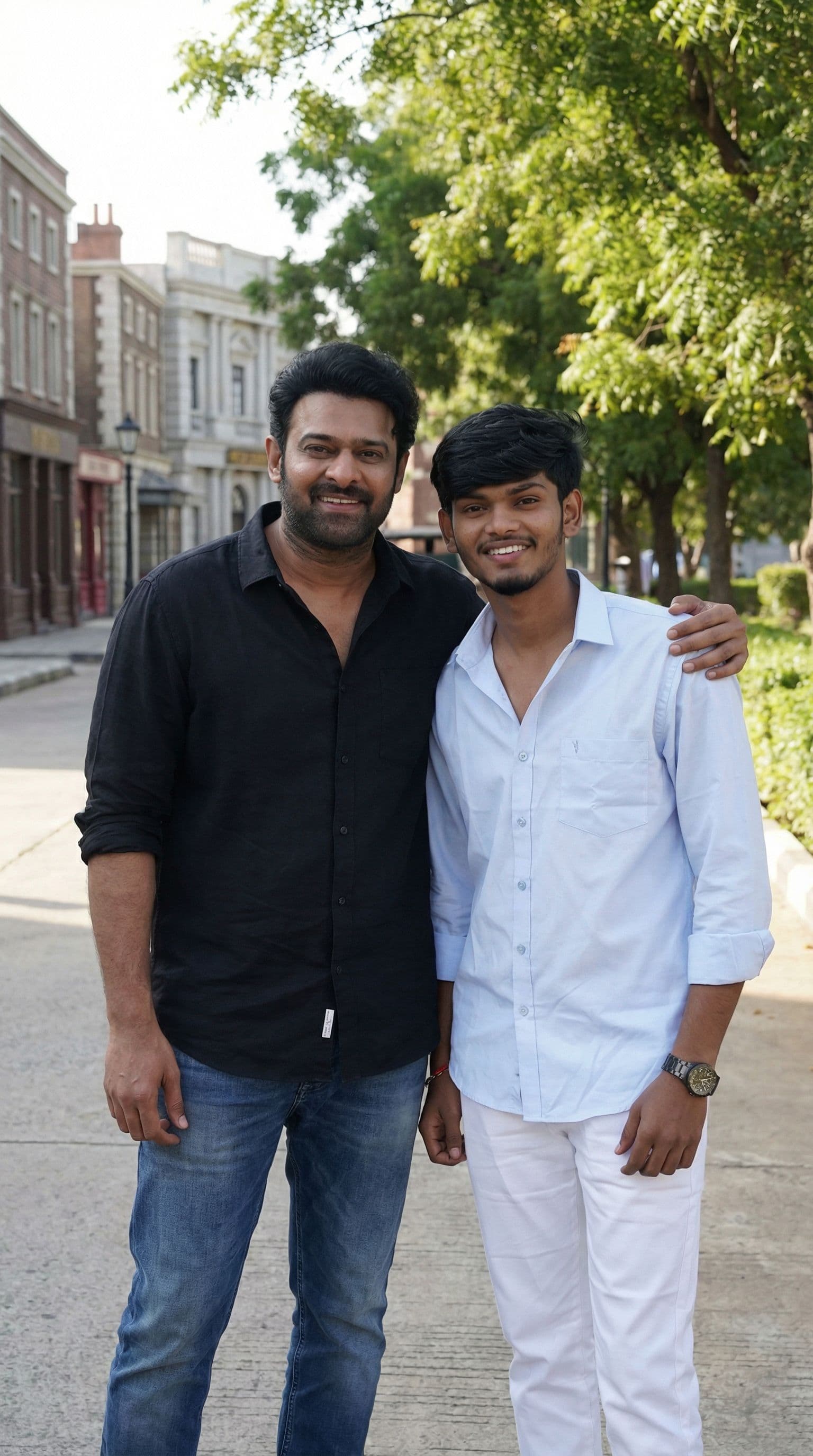 AI generated: Create a image with rebel star prabhas with background ramuji filim city 