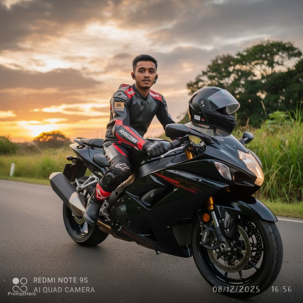 AI generated: This boy on the hayabusa bike black color.the boy wera black and red race suit.helmet on bike tank.b...