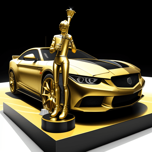 AI generated: Roblox avatar is holding a golden trophy while posing / sitting on top of the sports cars hood that'...