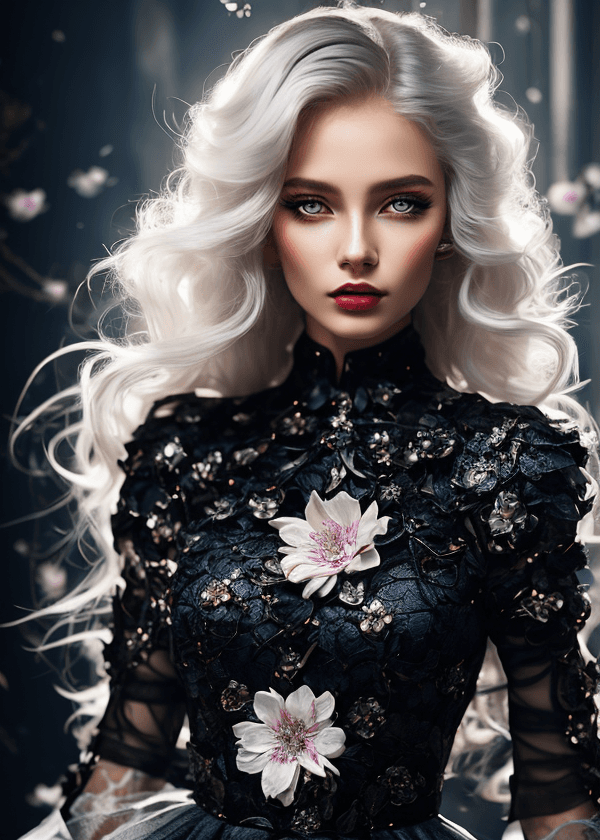 AI generated: mj, close-up photo of a gorgeous ice queen with unreal sapphire eyes, fantastic frozen flowers aroun...