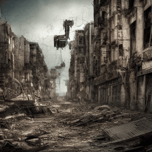AI generated: High resolution photography, abandon city, Dystopian city, dystopia, human, slave people, war, cybor...