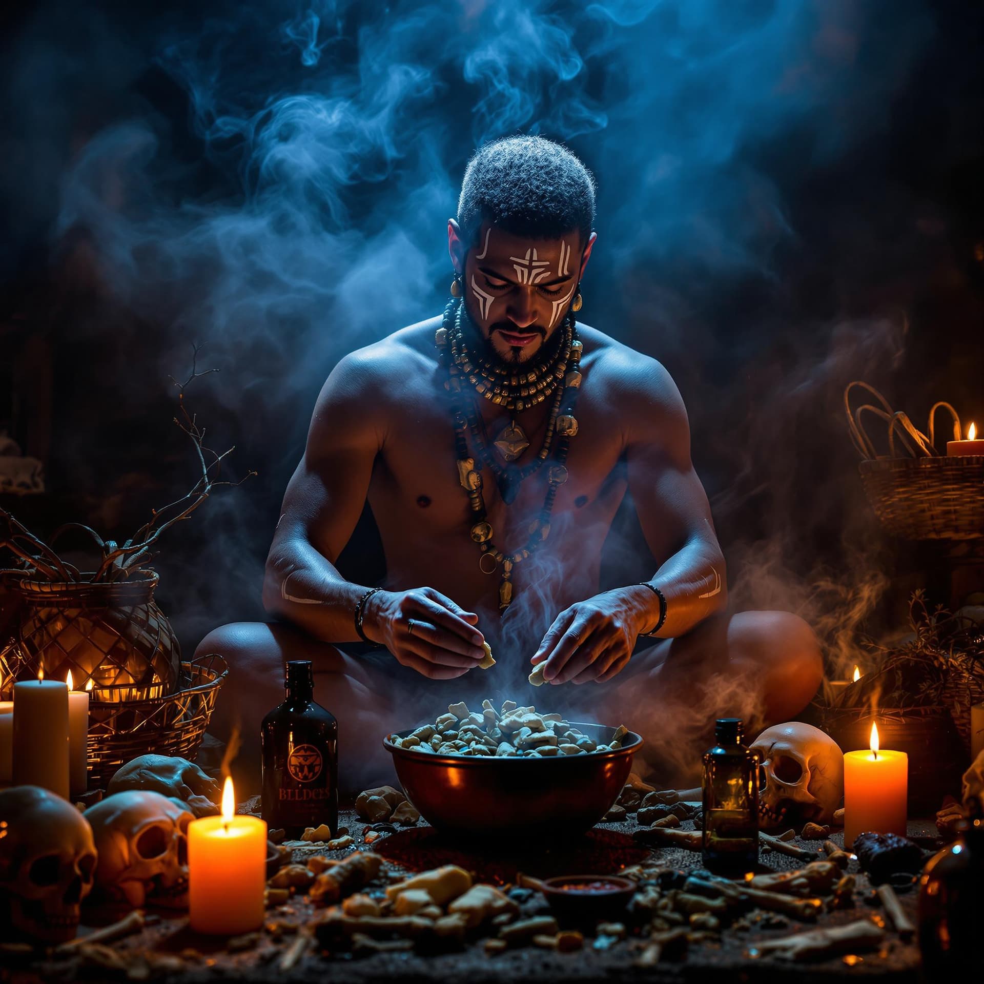 AI generated: The image portrays a man engaged in a ceremonial or ritualistic activity, surrounded by an array of ...