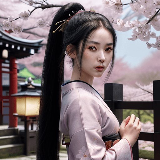 AI generated: Young Samurai with long black hair and ponytail, wearing samurai armor, standing in a Japanese templ...