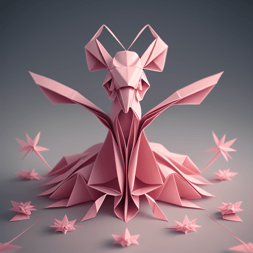 AI generated: city made out of origami paper, anthropomorphic mantis woman sakura-colored, paper origami, many ori...