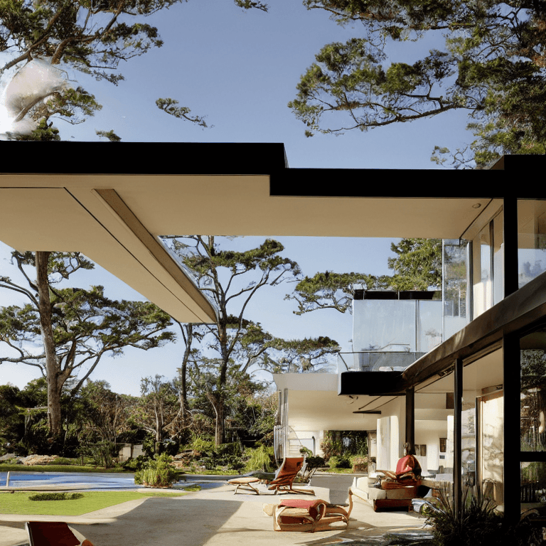 AI generated: hyper realistic eye level exterior photo of a mid century modern style house overlooking the ocean, ...