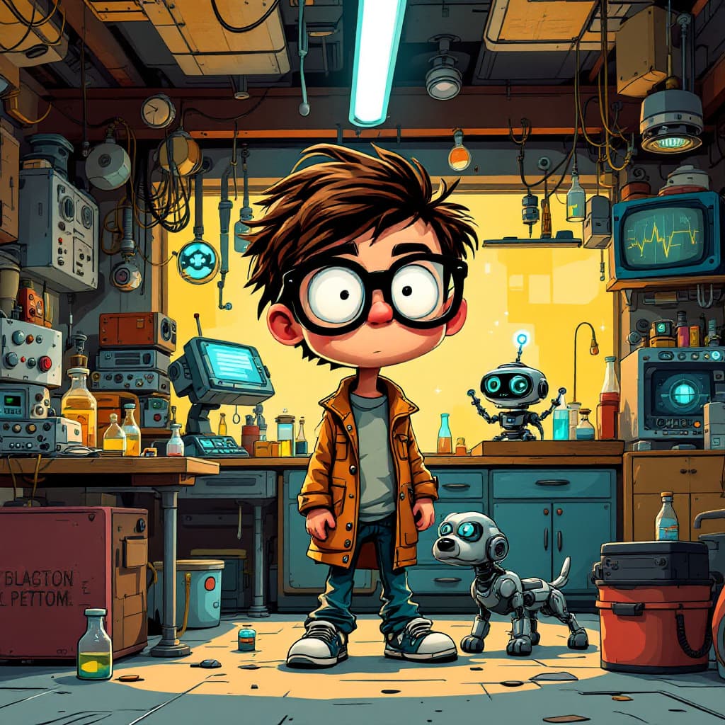 AI generated: A nerdy cartoon kid with big glasses in a cluttered garage laboratory, surrounded by gadgets, glowin...