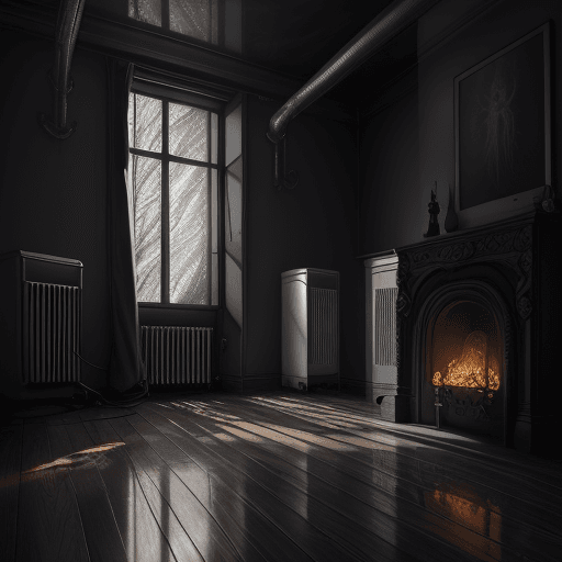 AI generated:  radiator that consumes energy , in the detailed dark forest ,the floor below the radiator rotten, d...