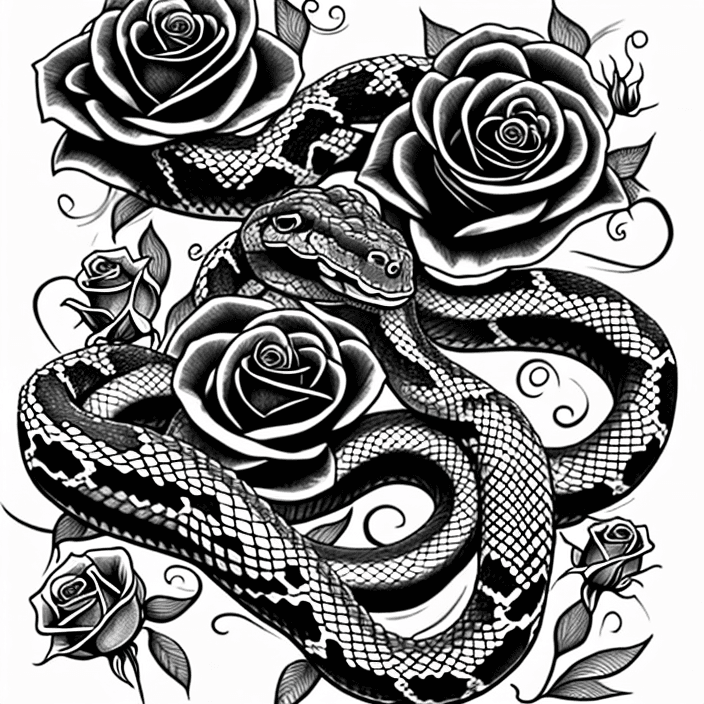 AI generated: snakes with flowers, tattoo sketch, smooth transitions, black patterns, more details, more flowers, ...
