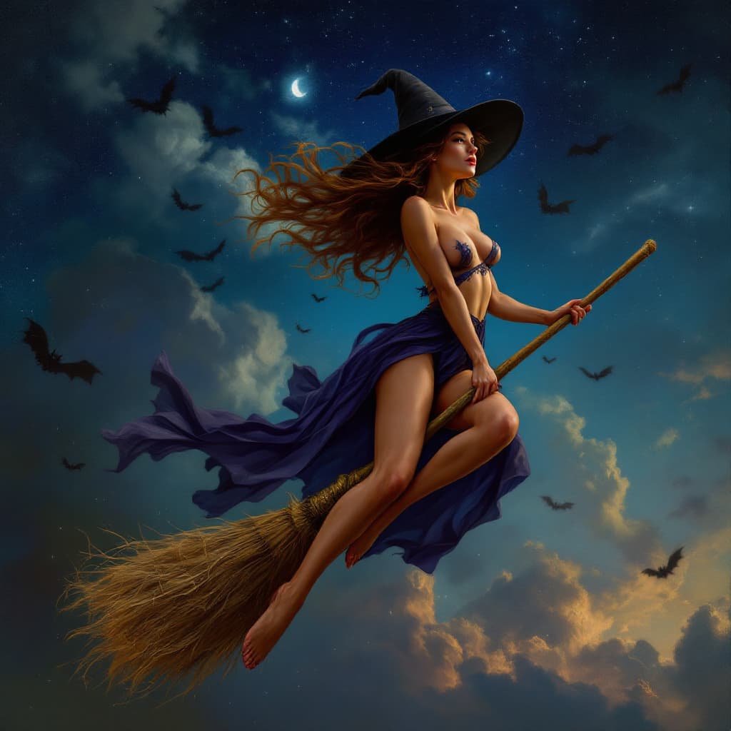 AI generated: Digital oil painting in the style of Luis Ricardo Falero, full body shot of young beautiful witch fl...
