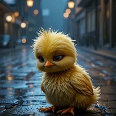 AI generated video: A small yellow chick huddled and trembling alone on muddy ground under relentless rain, water drippi...