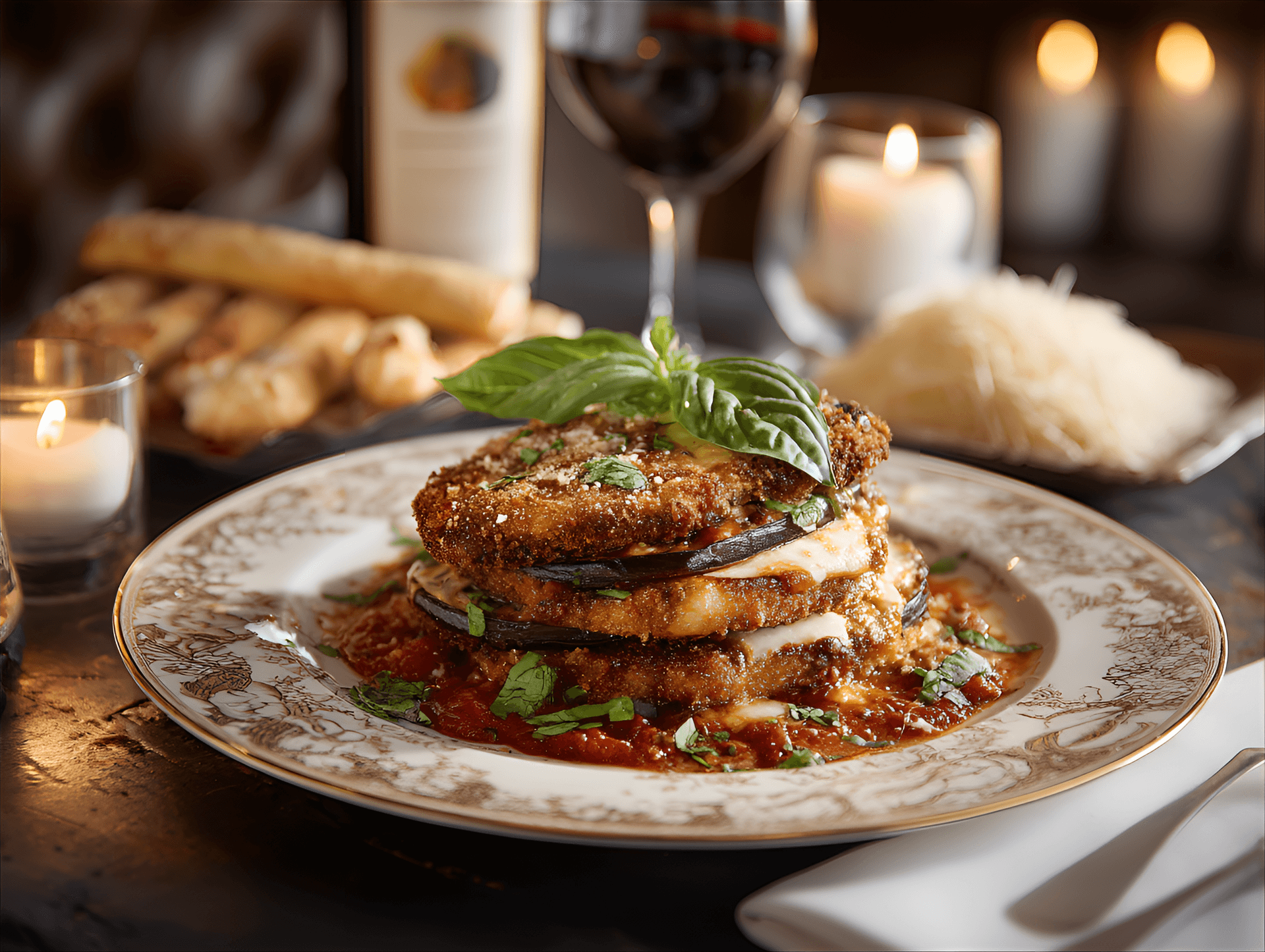 AI generated: mouthwatering plate of eggplant parmesan on a classic porcelain platter, presented on an antique din...