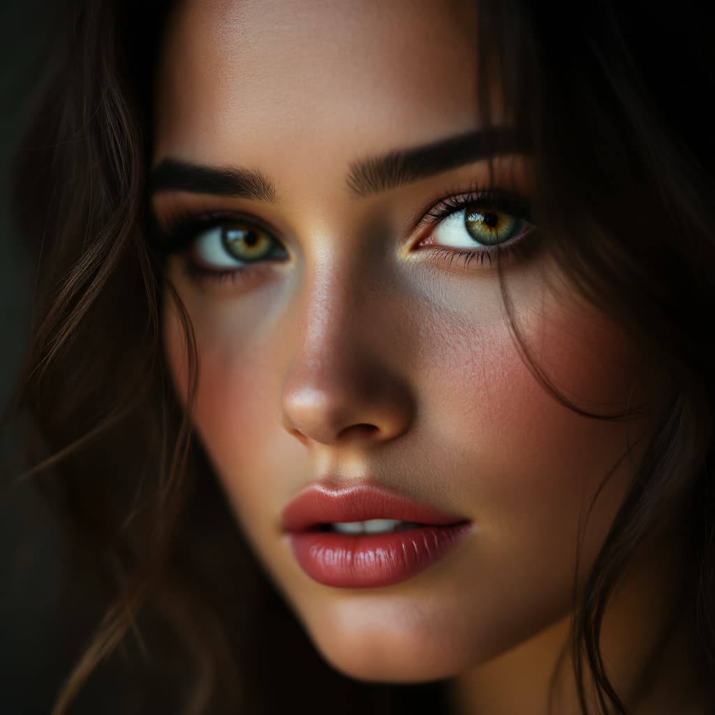 AI generated: Close-up portrait of a woman strongly resembling Jennifer Lawrence, high contrast photograph, the wo...
