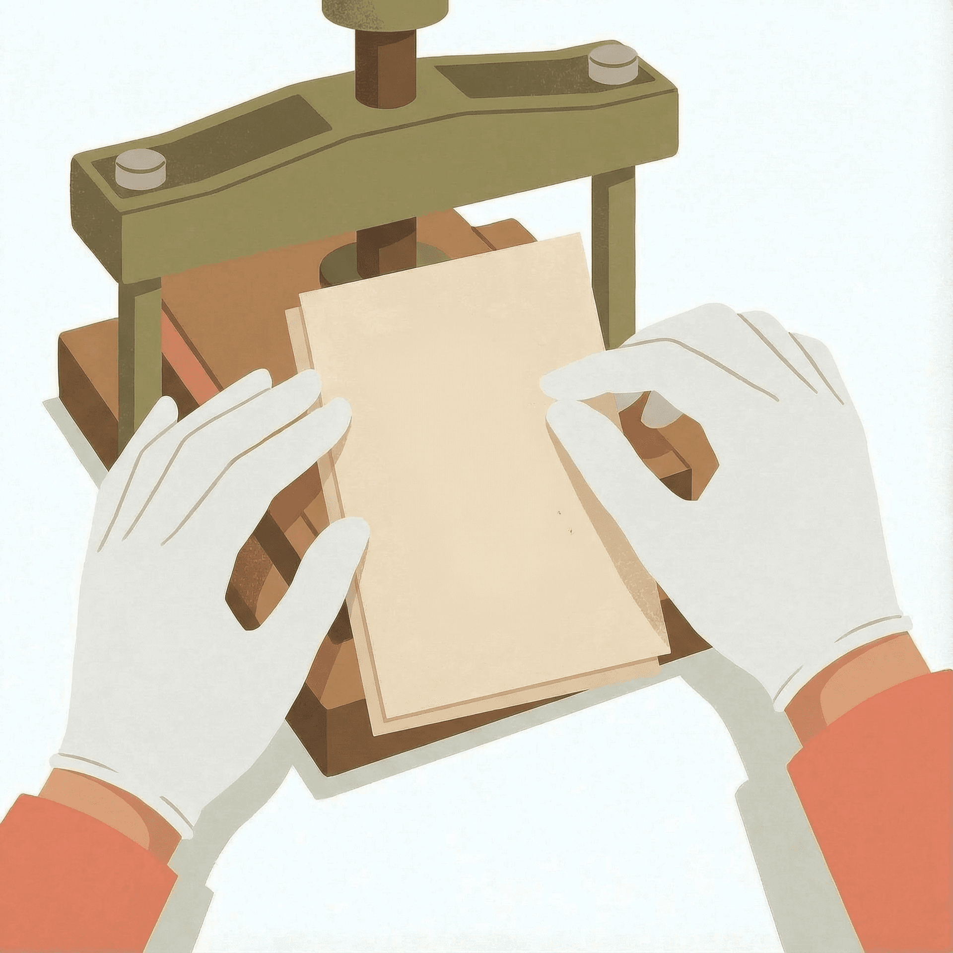 AI generated: flat vector illustration of two masculine hands wearing white gloves placing two stacked cards under...