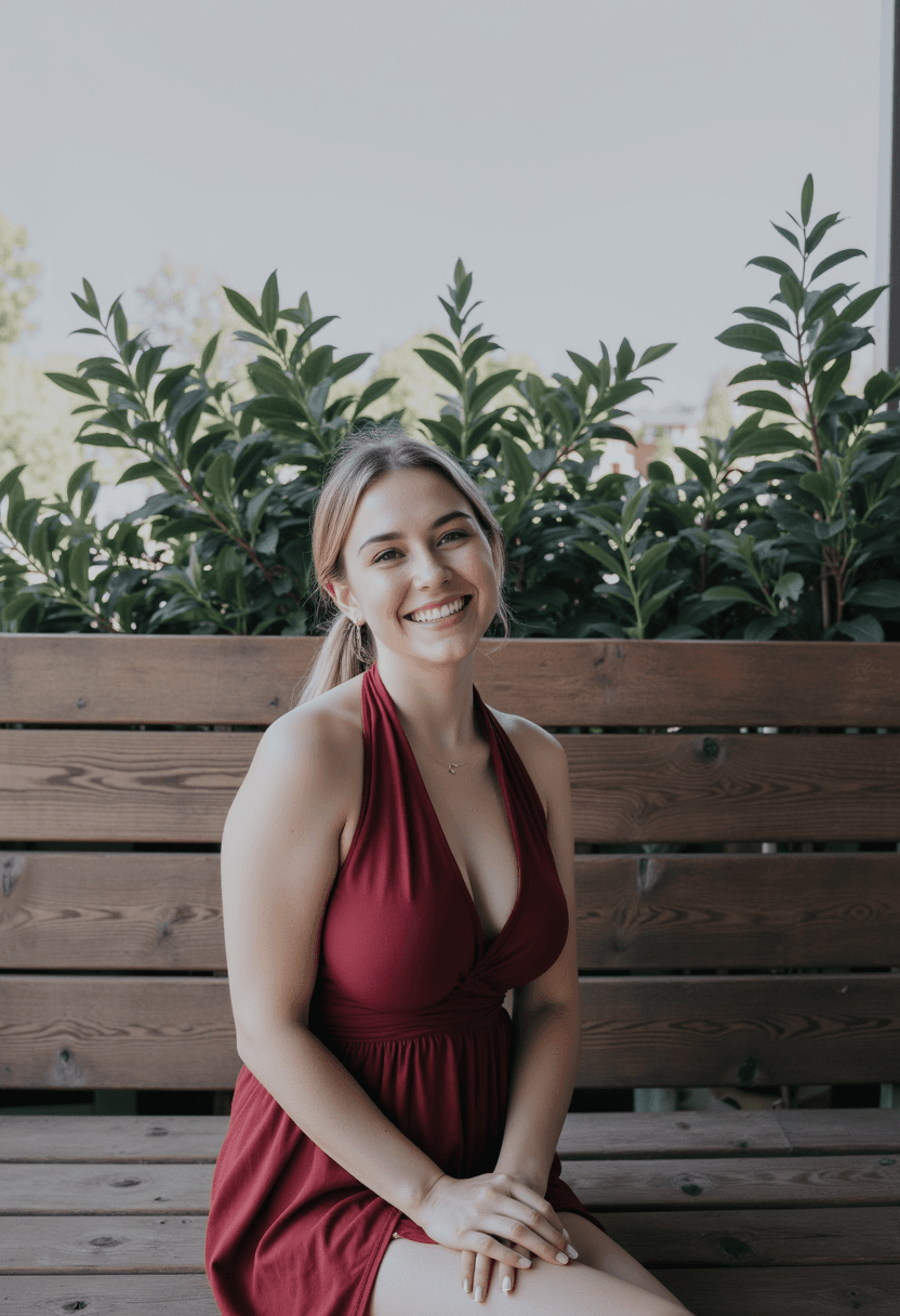 AI generated: A young woman is seated on a wooden bench. She's wearing a vibrant red halter dress with a very low ...
