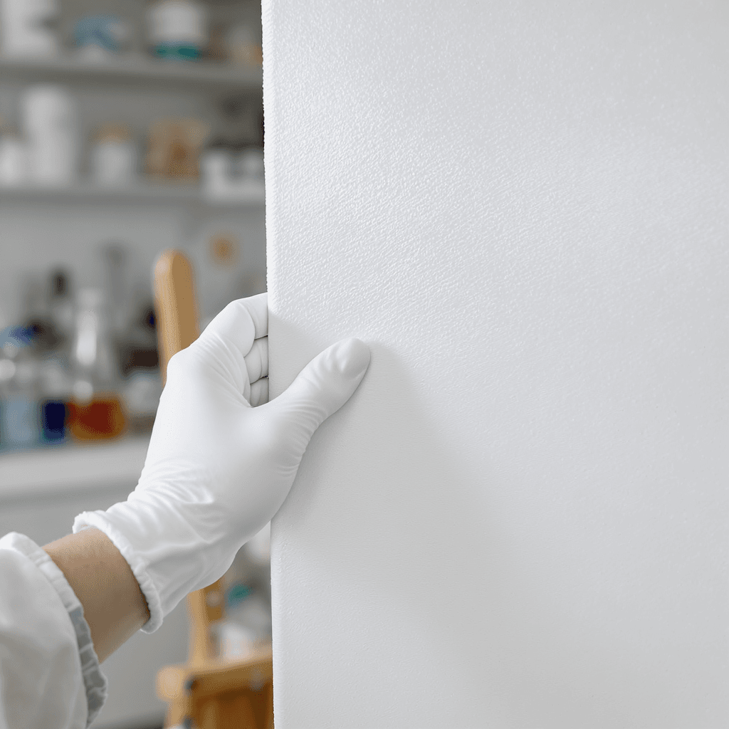 AI generated: close up of two hands whith white gloves holding the corner of a big blank paint canvas, blurred bac...