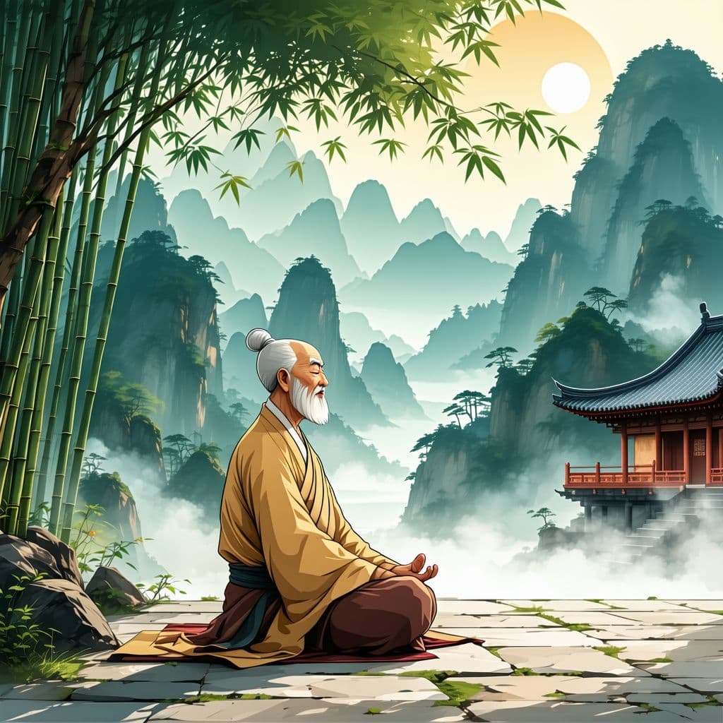 AI generated: A serene Zen temple nestled in the mountains, illustrated in a stylized cartoon aesthetic. The wise,...