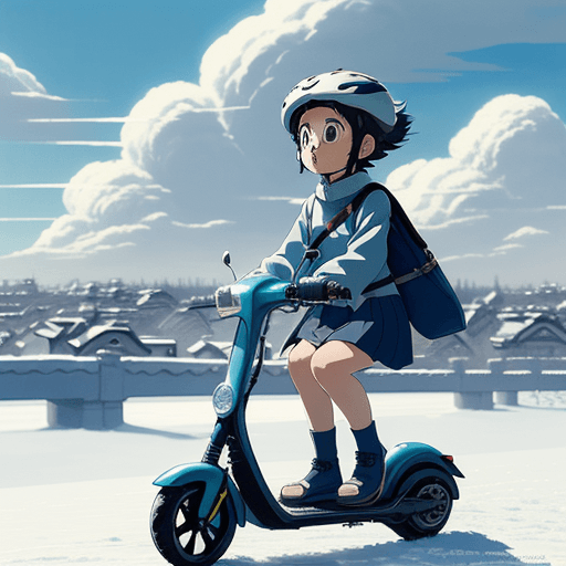 AI generated: The little girl riding an electric scooter/bike, in a beautiful anime scene by Hayao Miyazaki: a sno...