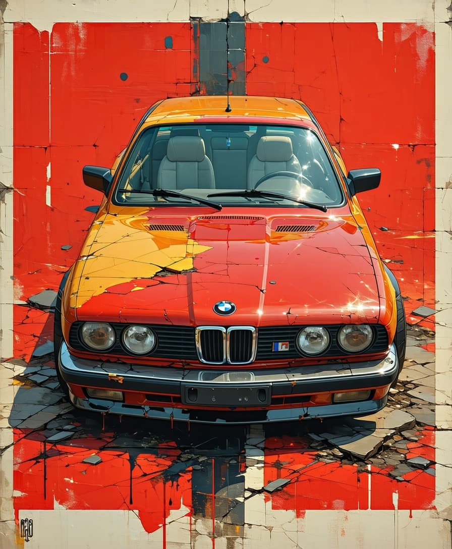 AI generated: Comic book illustration of a BMW, in the style of Alex Ross, lateral position, gritty reportage, kom...