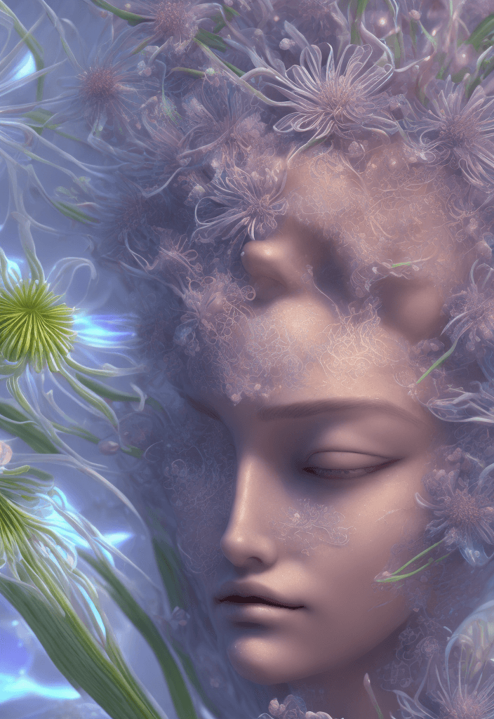 AI generated: Goddess close-up portrait with spider lily flowers, bioluminescent fantasy creatures, intricate artw...