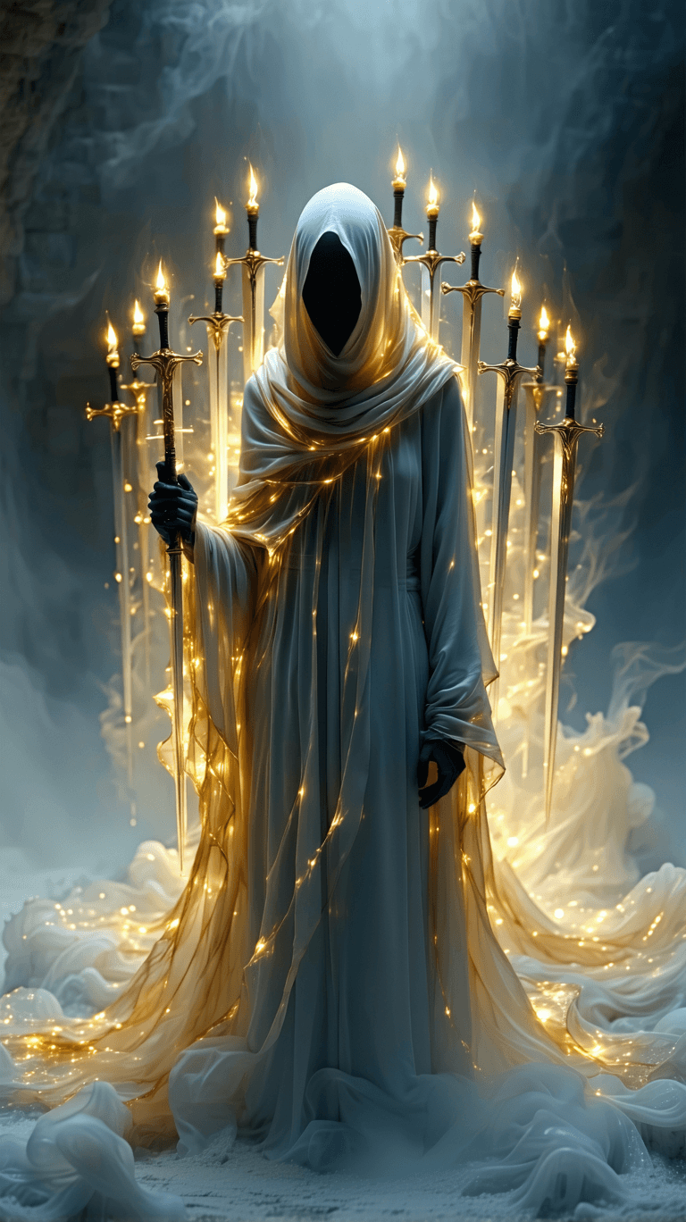 AI generated: 8. Eight of Swords – The Mind’s Illusions

A ghostly figure wrapped in golden fluid ribbons stands f...