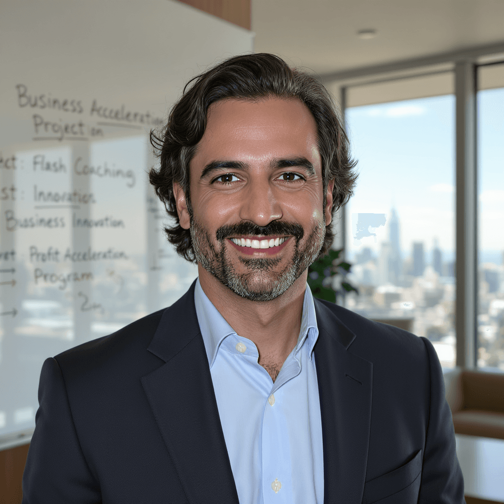 AI generated: A confident businessman with dark brown eyes, medium-length curly hair with a dark brown hue and som...