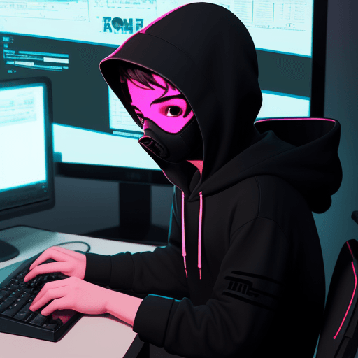 AI generated: Create boy character sitting at desk with keyboard and mouse, looking a computer screen, mask,  wear...