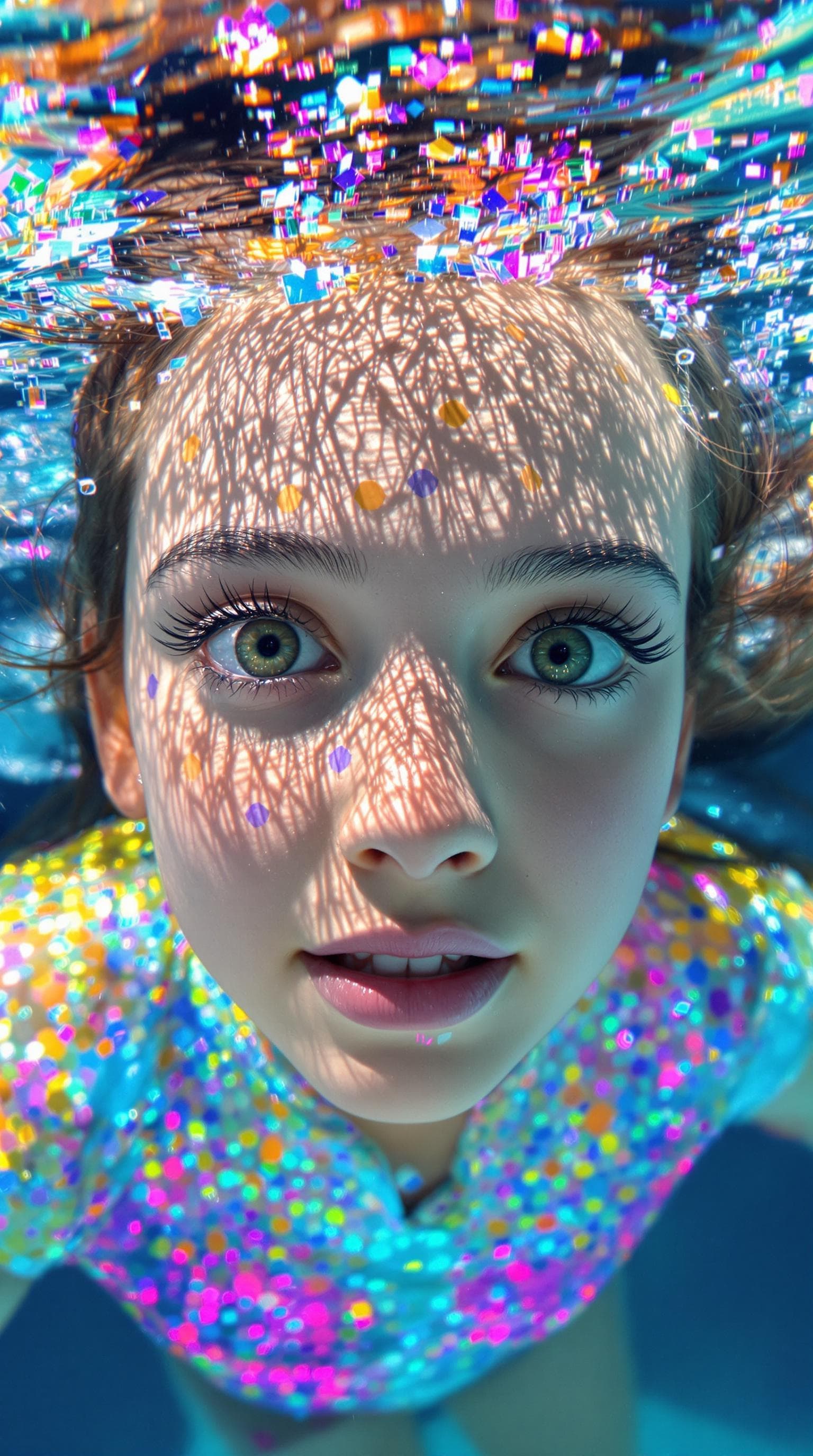 AI generated: A beautiful girl with big green eyes and long eyelashes is swimming underwater. The water around her...
