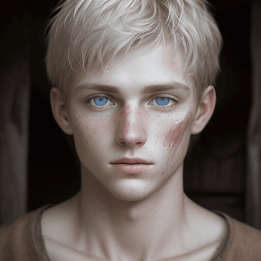 AI generated: The photograph depicts a young white man with striking eyes in a rustic setting, highlighting his na...