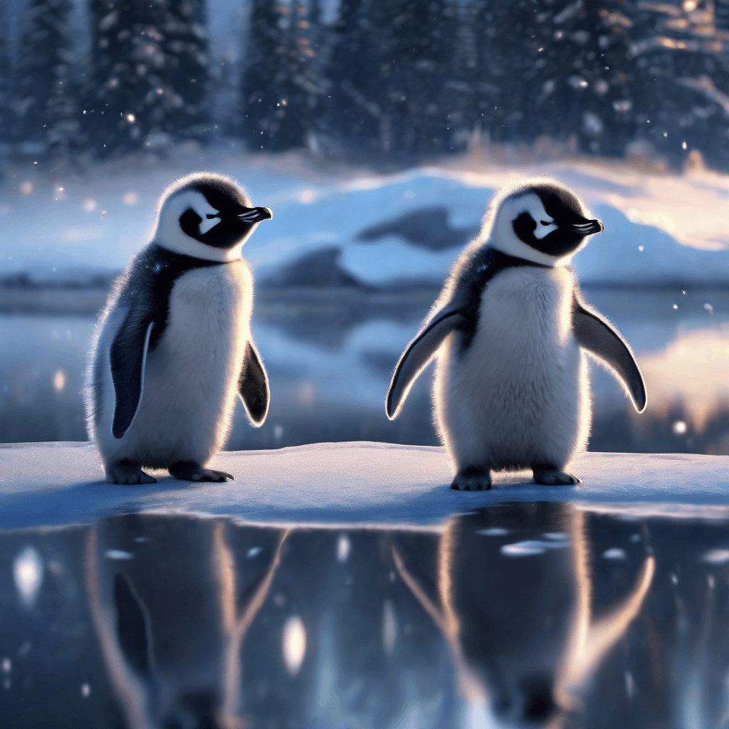 AI generated: pair of magical young baby penguins by a frozen lake, looking at the earth, reflection on lake, real...