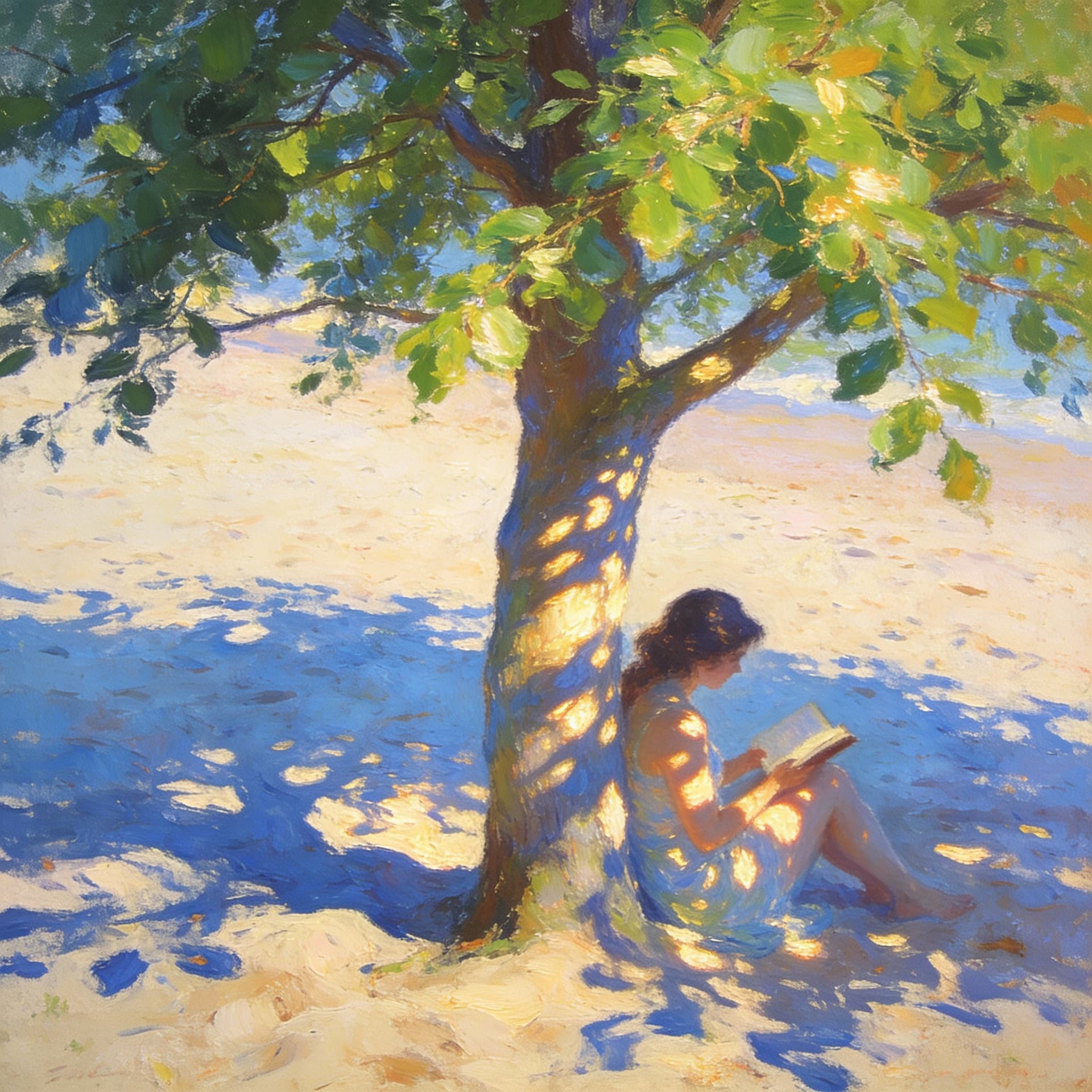AI generated: A high-resolution photograph. On the sand of a beach, there was a tree with green leaves and sunligh...