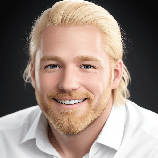 AI generated: Professional headshot of a 35-year old man with blonde hair and short beard, smiling, studio light, ...