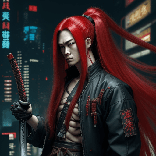 AI generated: Cyberpunk, red long hair chinesse well build male holding a mono katana