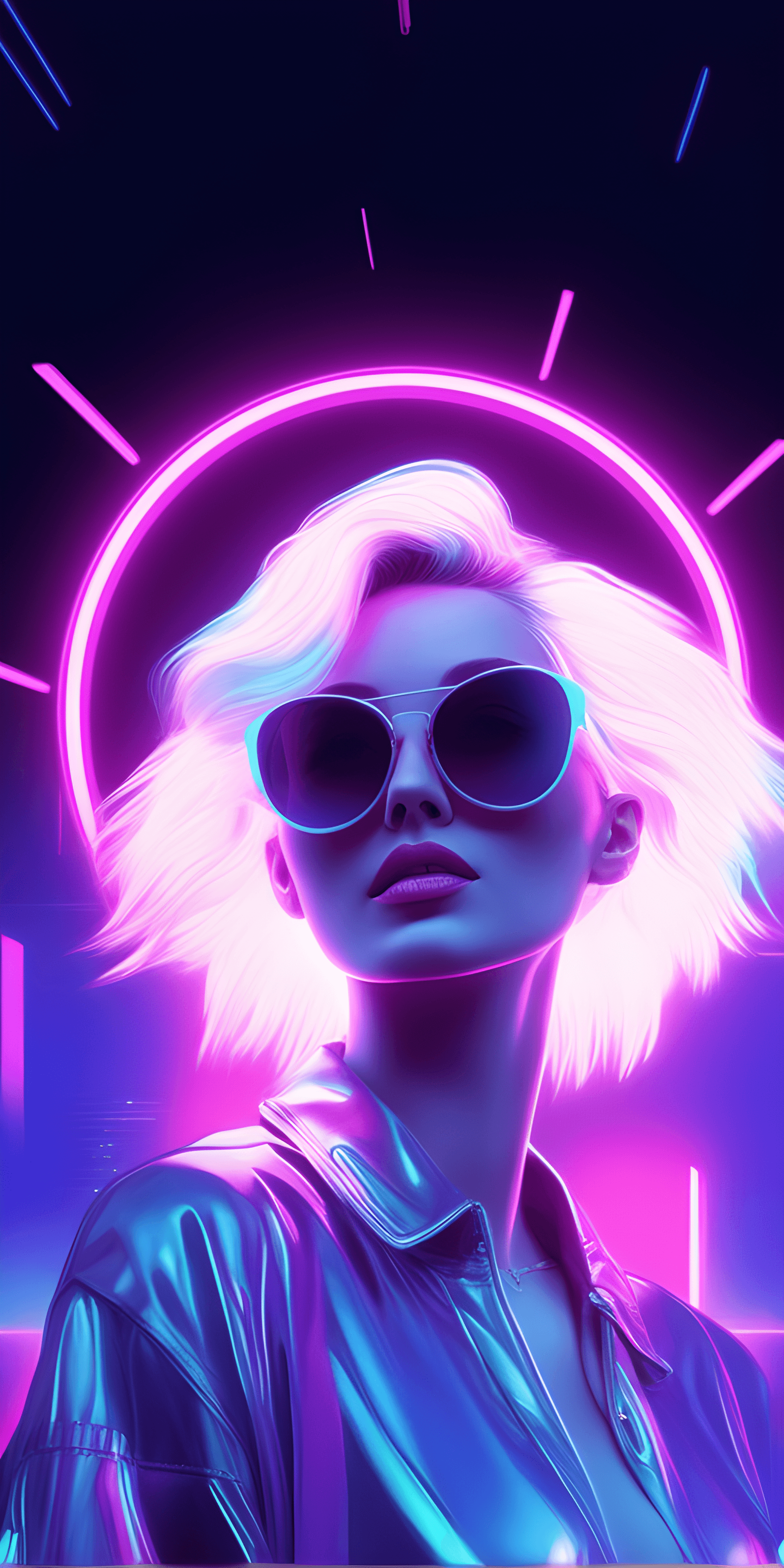 AI generated: a close up of a woman wearing sunglasses and a neon hat, ultraviolet and neon colors, jen bartel, ne...