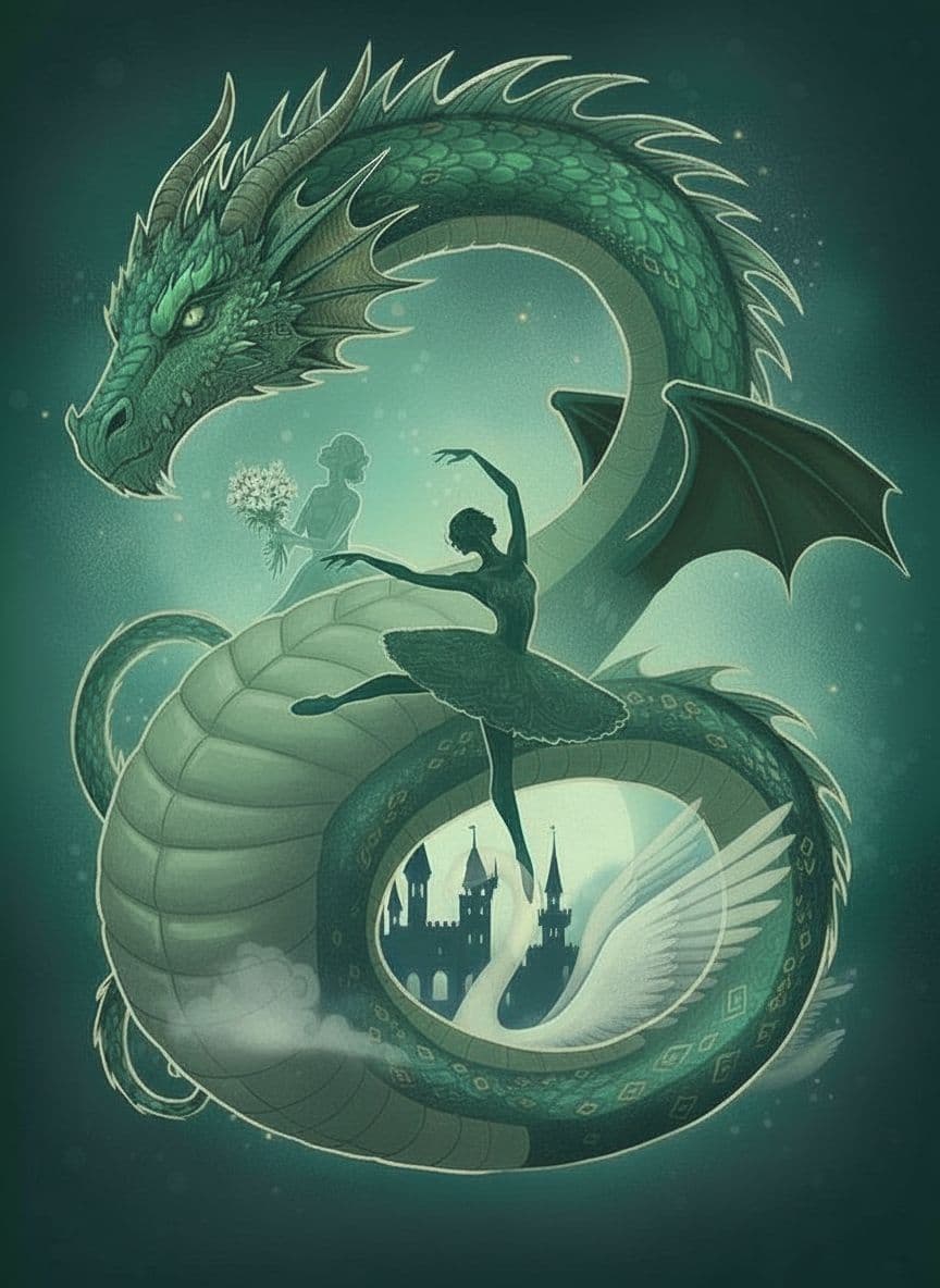 AI generated: save all of the image- style, ballerinas, castle, swan, moon, colors and everything, dragon tail not...