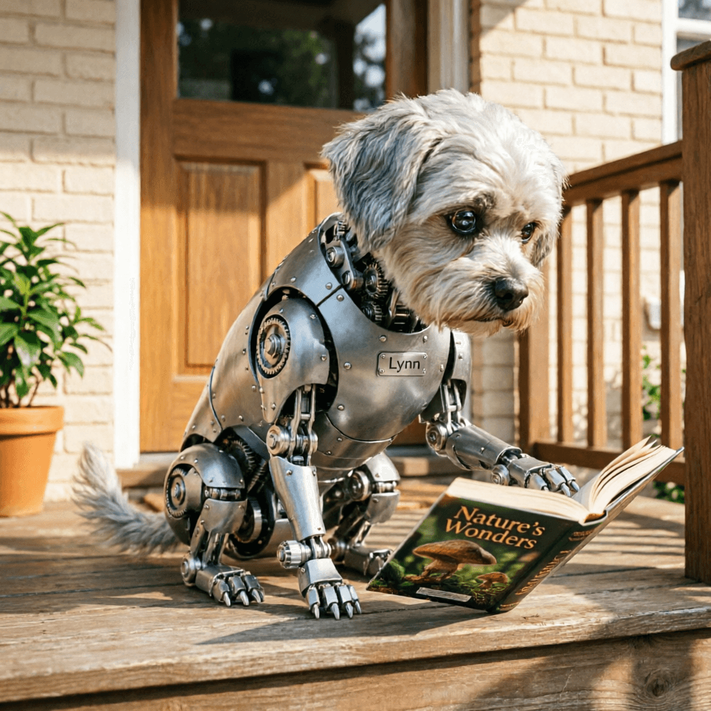 AI generated: Mechanical Maltese sitting on a porch step reading a book about nature with realistic movement, with...