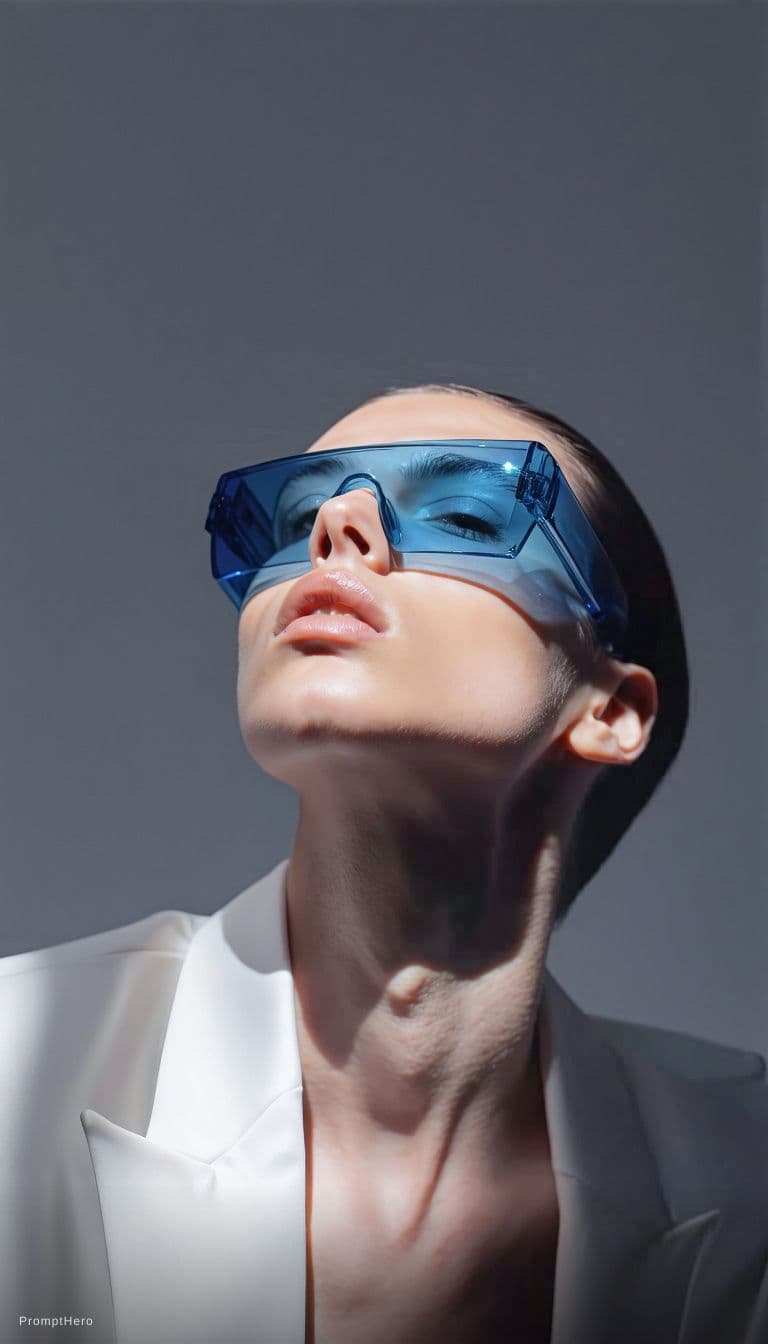 AI generated: Fashion shoot, Jacquemus and Moncler collaboration: dark blue translucent futuristic sunglasses, hyp...