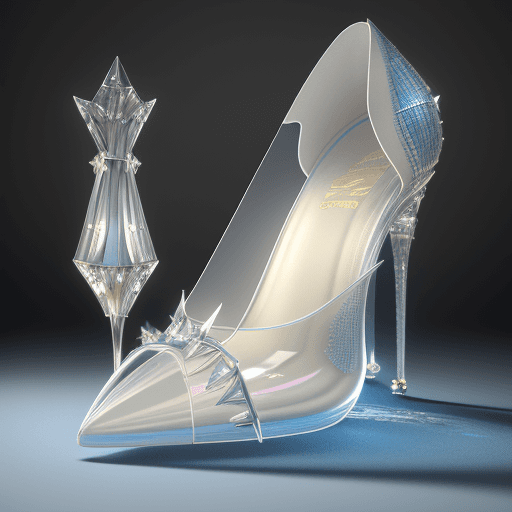 AI generated: Cinderella's very high crystal transparent stiletto heel, against the backdrop of the royal palace::...