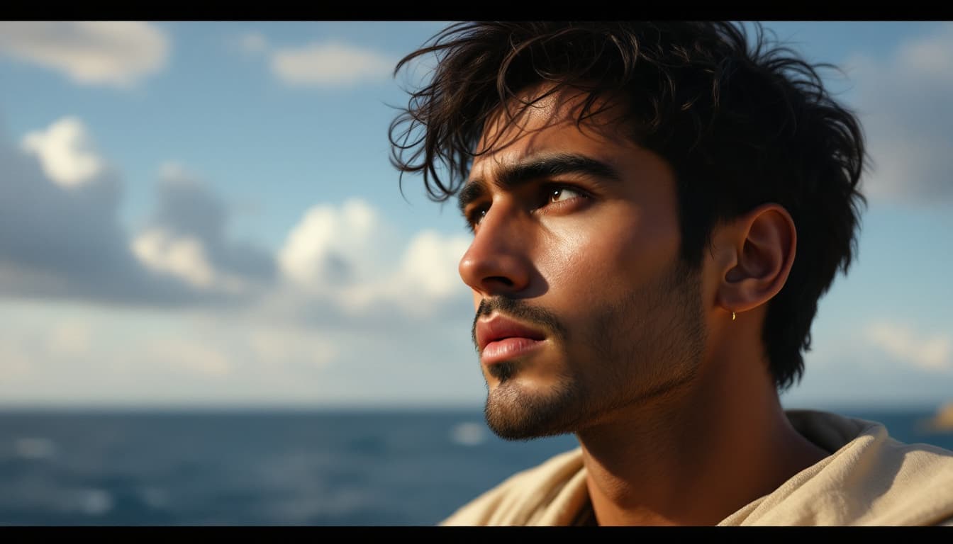 AI generated: hyper realistic .Close-up of Ario’s face as he gazes at the horizon with uncertainty, the wind tousl...