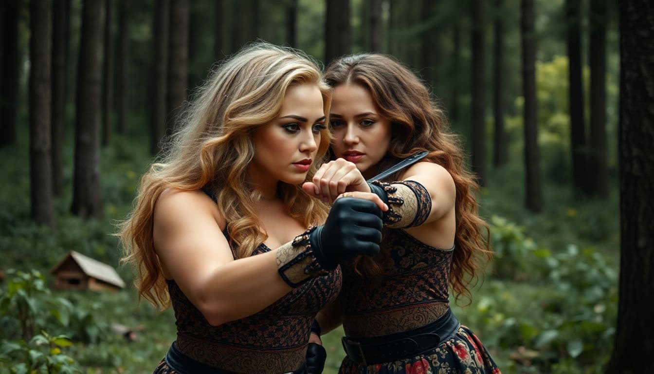 AI generated: adele and jennifer lopez fight together in forest. strong