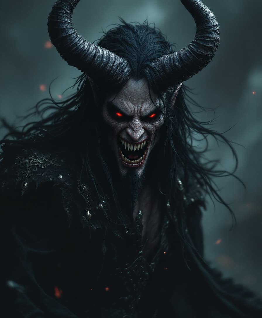 AI generated: male demonic figure with long hair black as a raven, dark robe with intricate details and ornaments,...