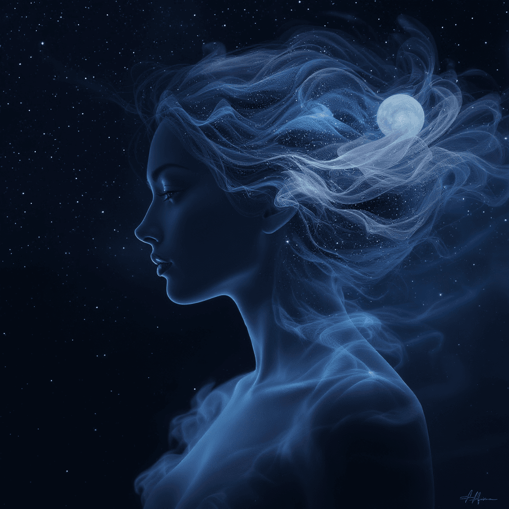 AI generated: surreal semi realistic landscape photograph, cool blue light to dark gradients, muted soft tones, da...