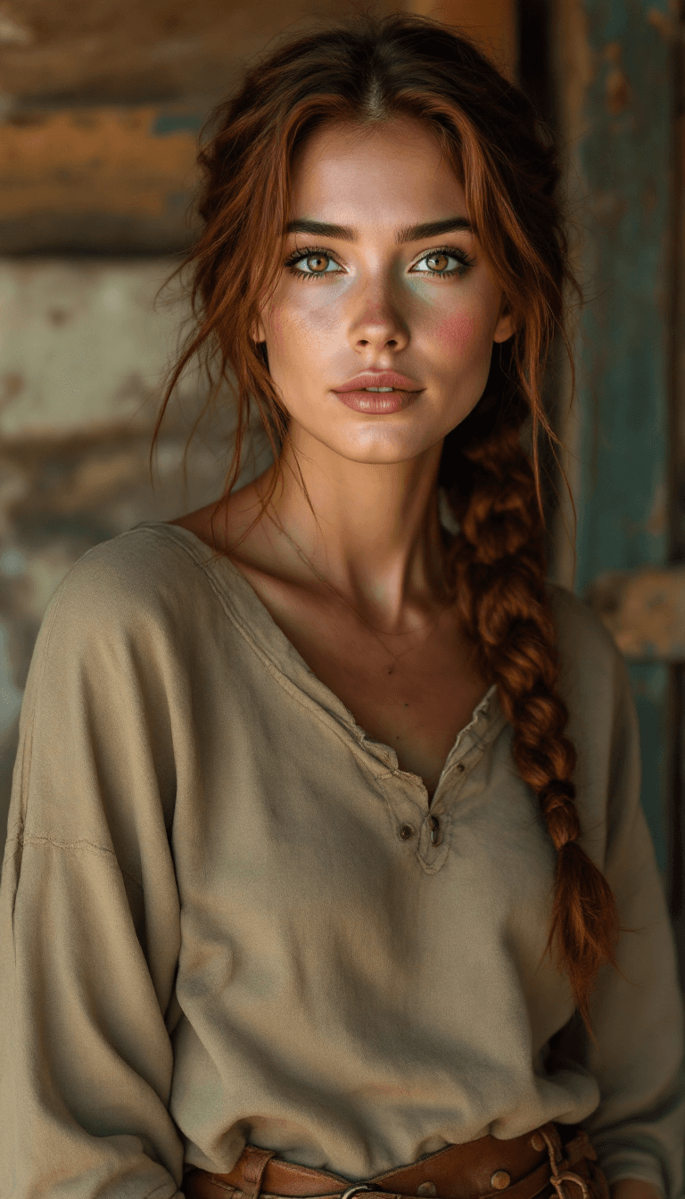 AI generated: A down-to-earth woman with long, braided dark auburn hair. Her eyes are bright and earthy brown. She...