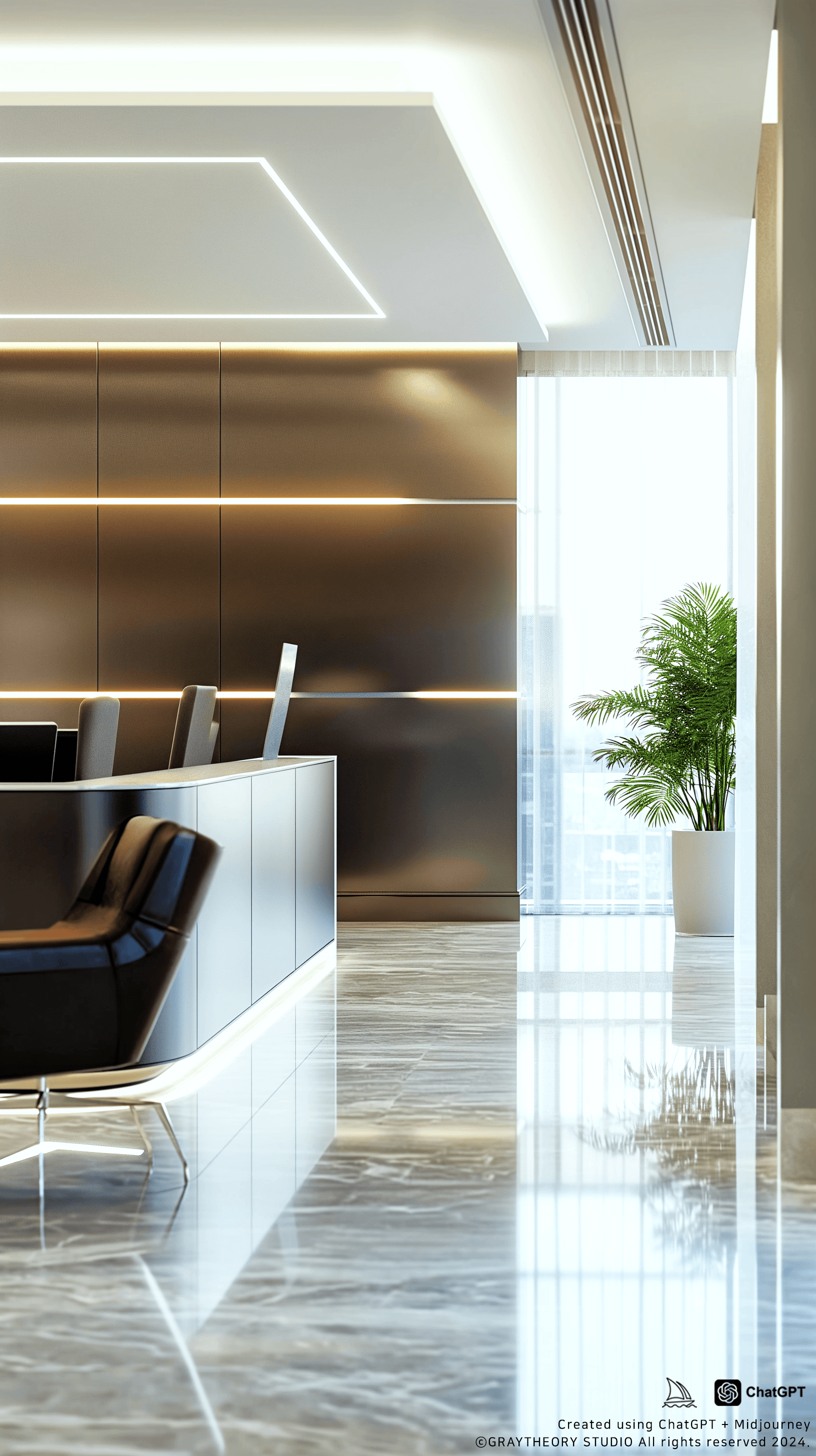 AI generated: Front view, office, minimalist, contemporary style, high gloss, cool-toned lighting, bright afternoo...