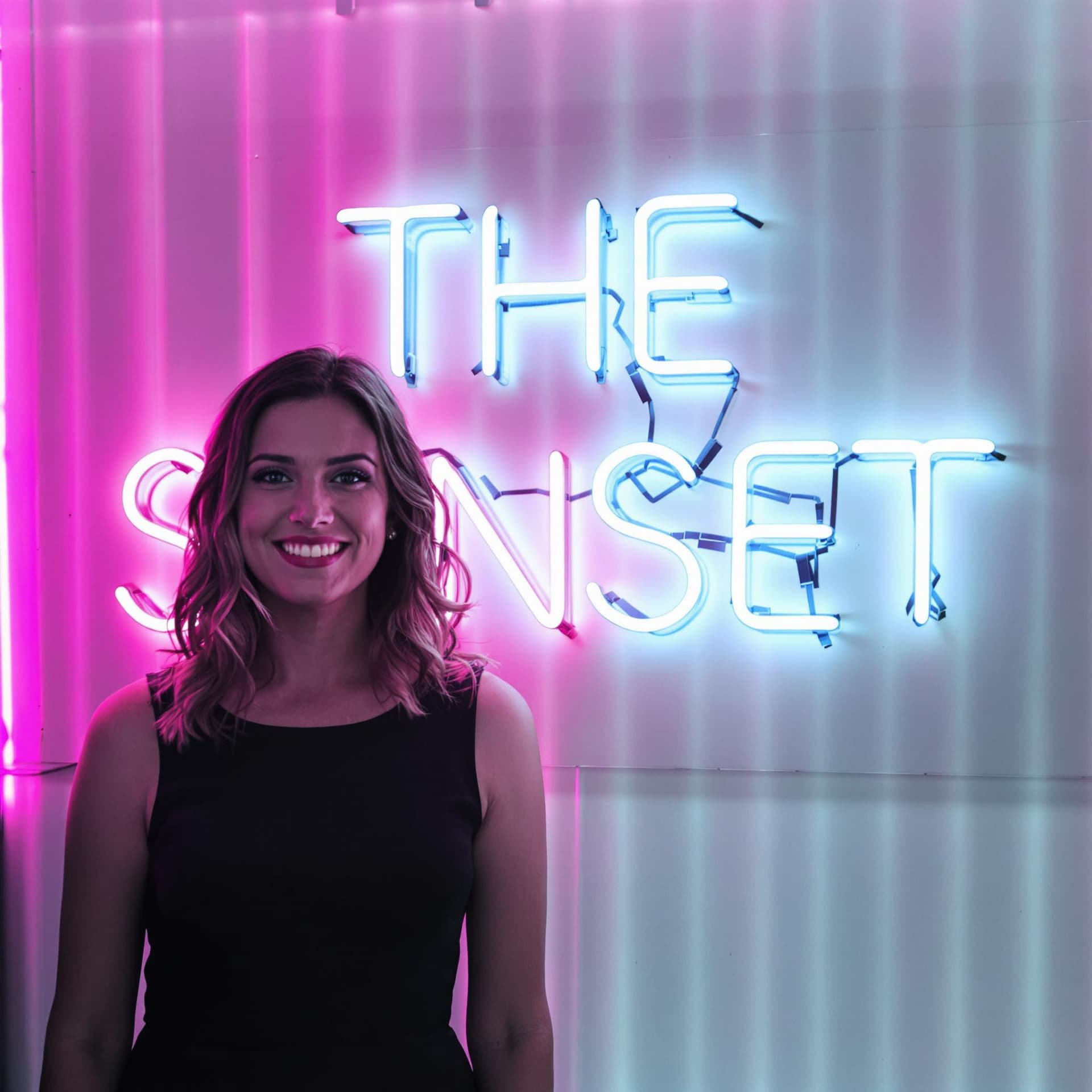 AI generated: a woman stands in front of a neon sign that reads "THE SONSET" in bold white letters. She is dressed...