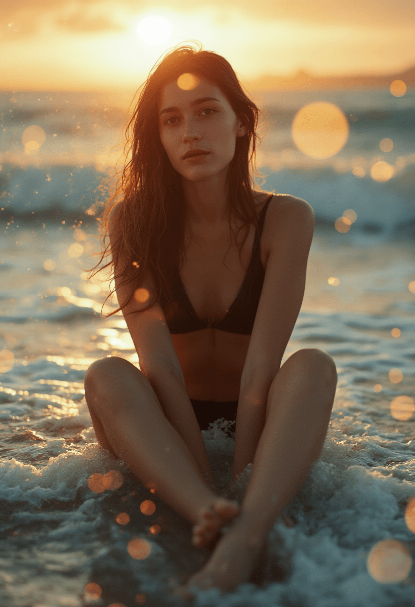 AI generated: A photorealistic, full-body portrait of an adult woman sitting in shallow ocean water at sunset faci...