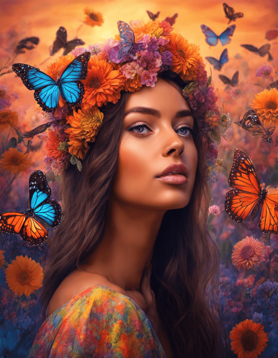 AI generated: {Female}Hippie, Beautiful big reflective eyes, flowers, butterflies, birds, expansive psychedelic ba...