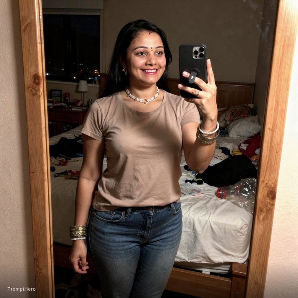 AI generated: {
  "shot_type": "mirror selfie",
  "general_style": "photorealistic, natural, candid, not AI-lookin...